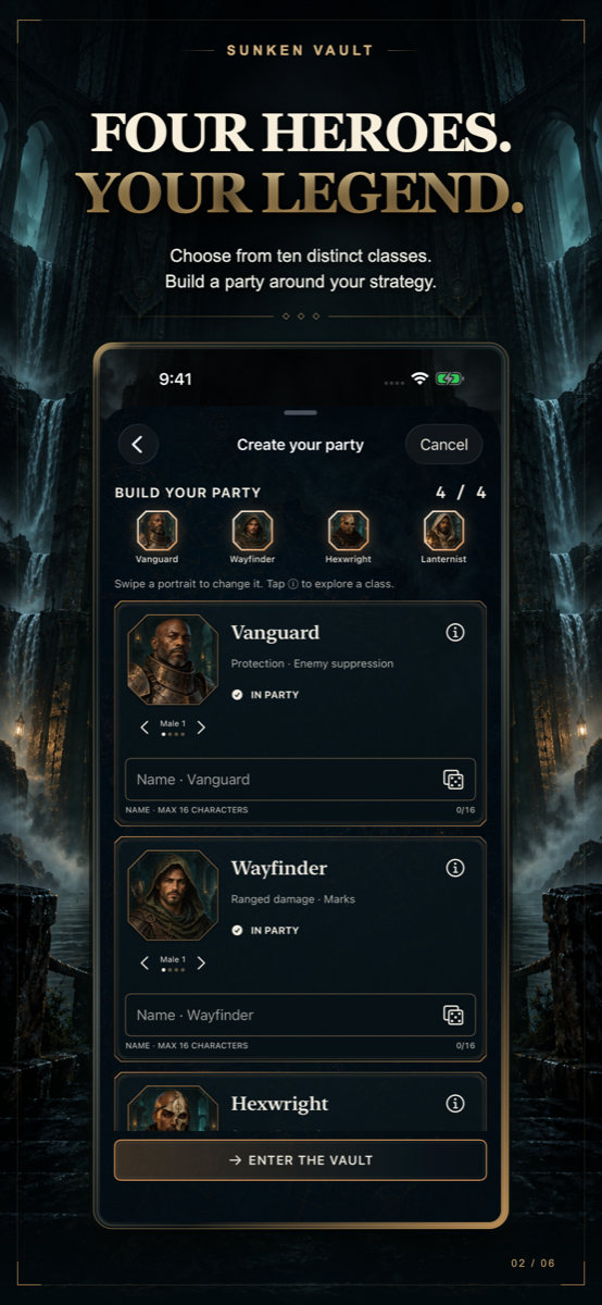 Sunken Vault party creation with four selected heroes