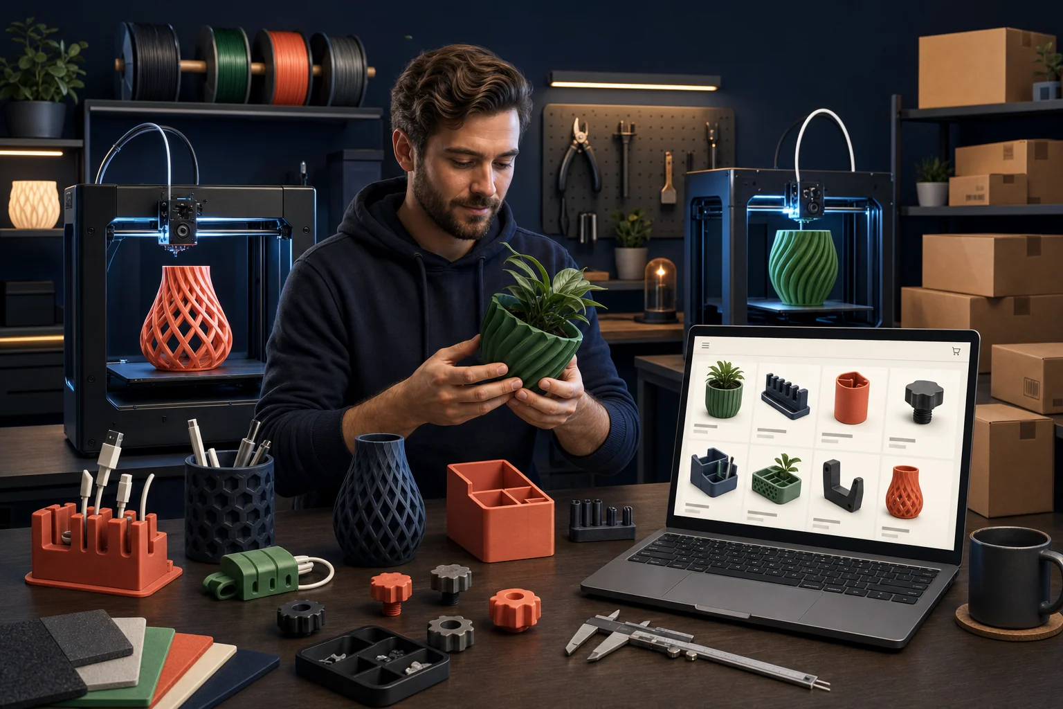 3D printing business owner working beside printers, products, and an online catalog