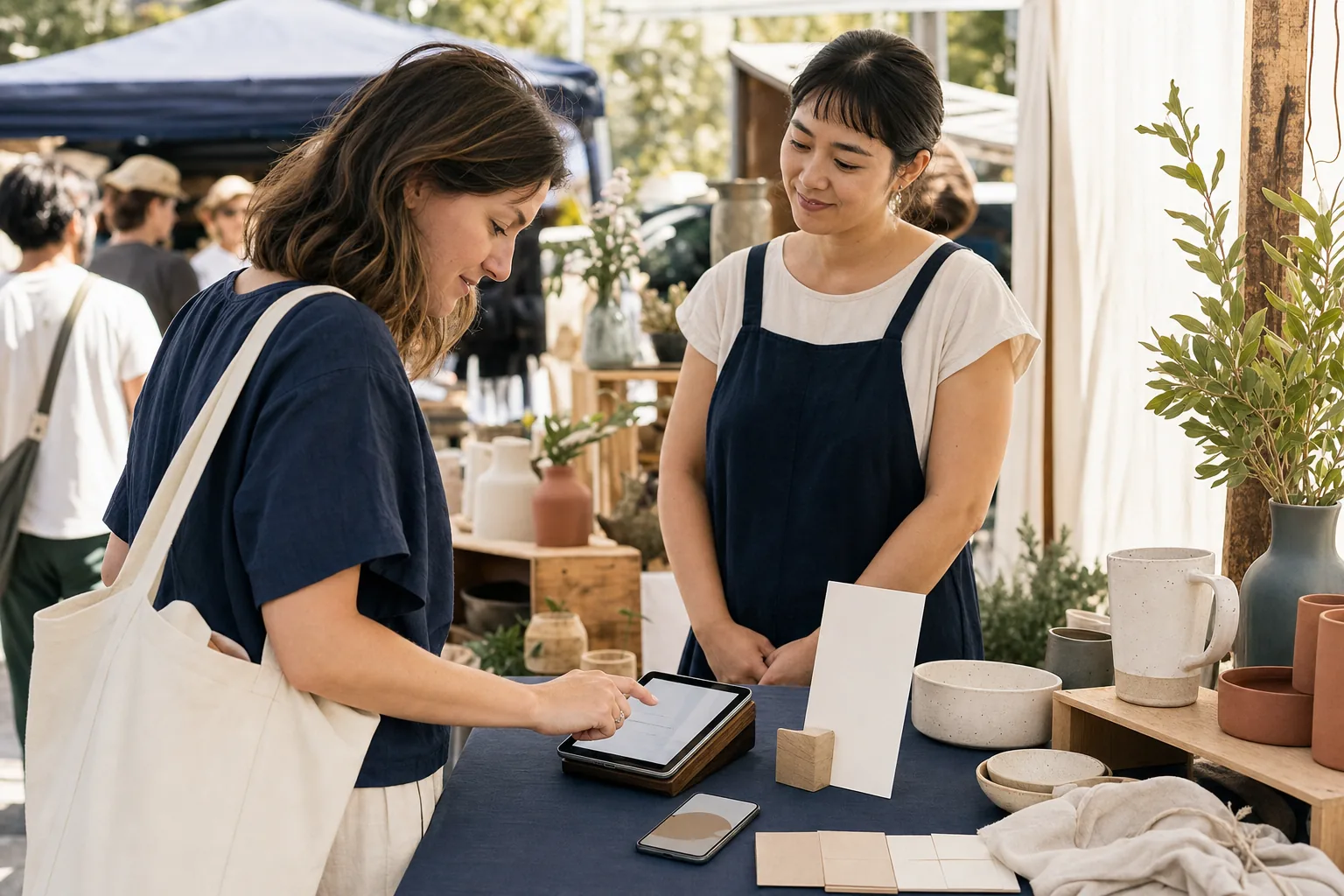 Customer voluntarily completing a tablet signup at an independent maker market while the seller gives her space beside a display of handmade home goods
