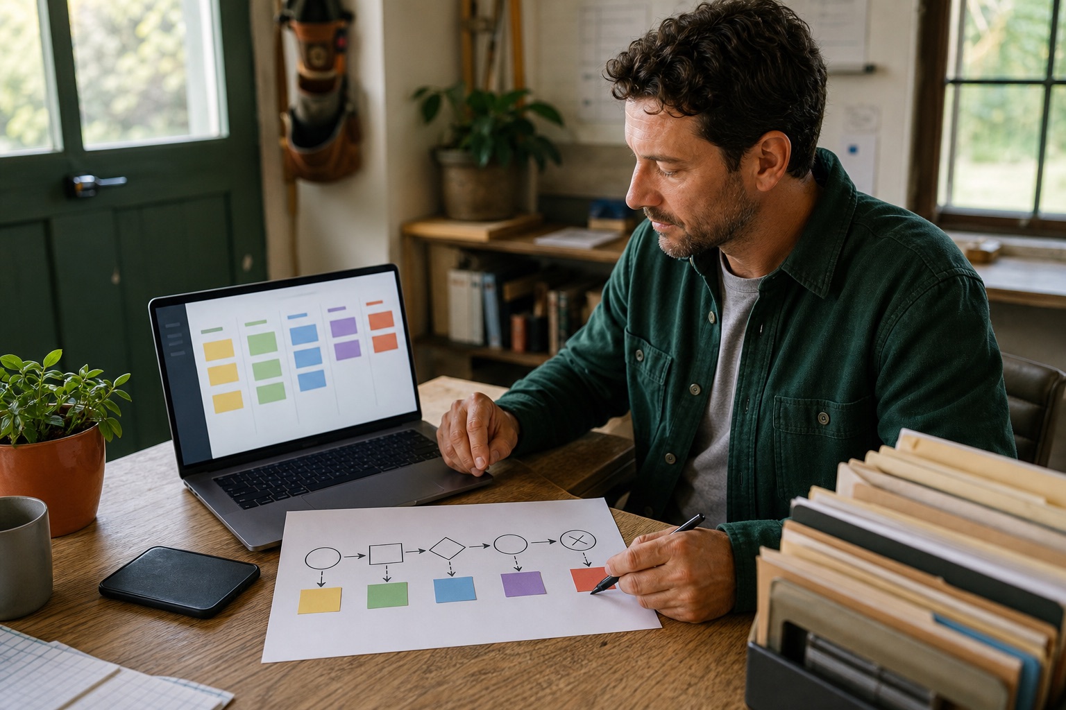 Small-business owner comparing a paper lead workflow with a simple pipeline on a laptop before choosing a CRM