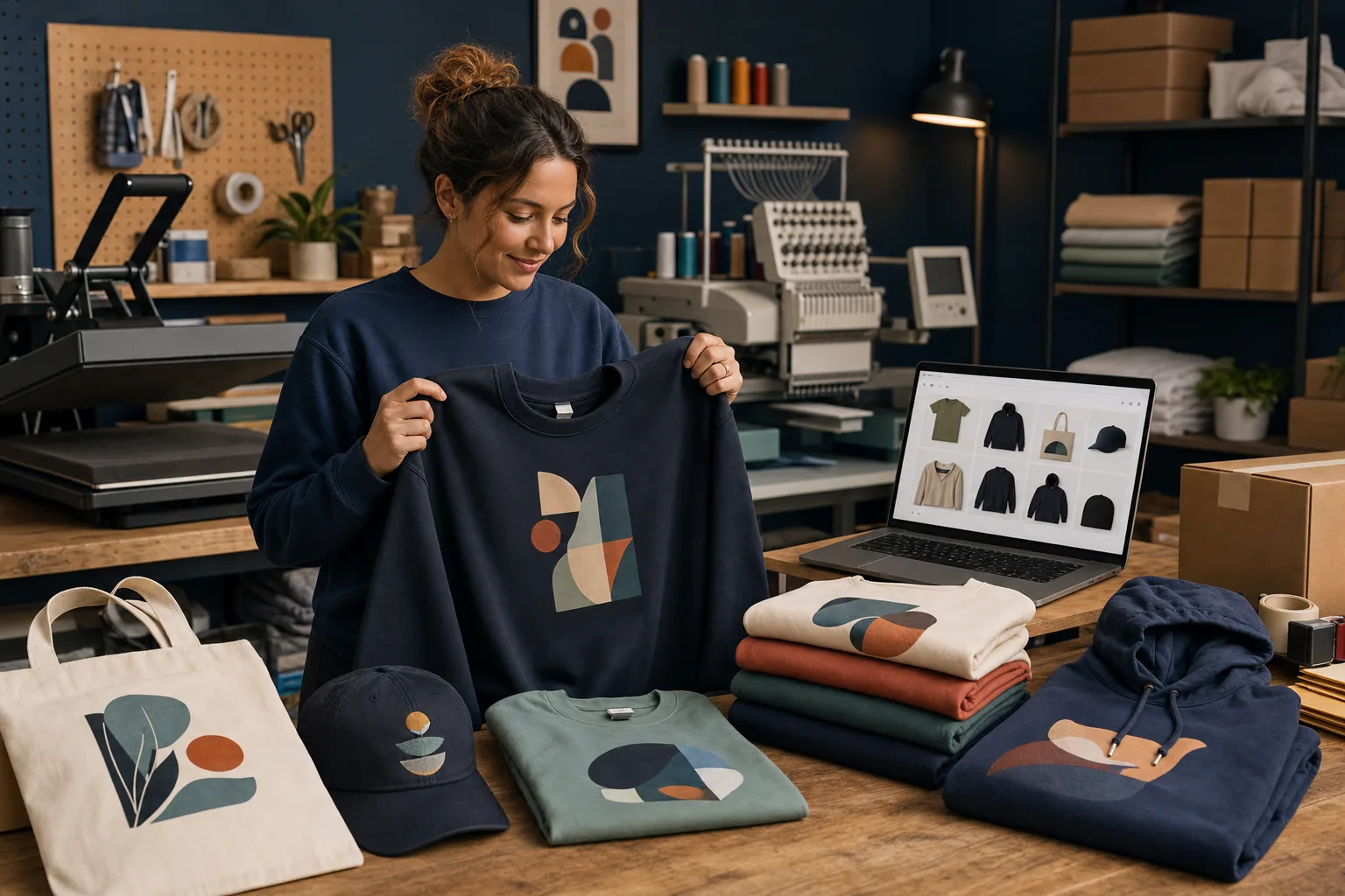 Custom apparel business owner inspecting a decorated sweatshirt beside production equipment and an online catalog