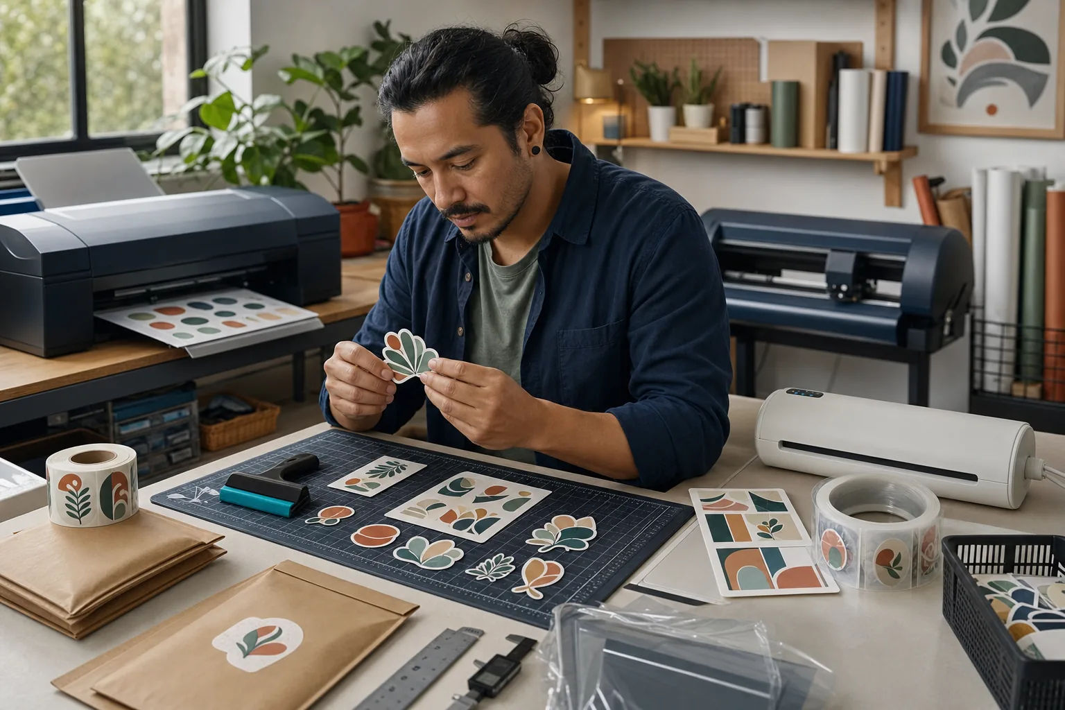 Independent sticker maker inspecting a die-cut sticker beside print-and-cut equipment, sticker sheets, label rolls, tools, and mailers
