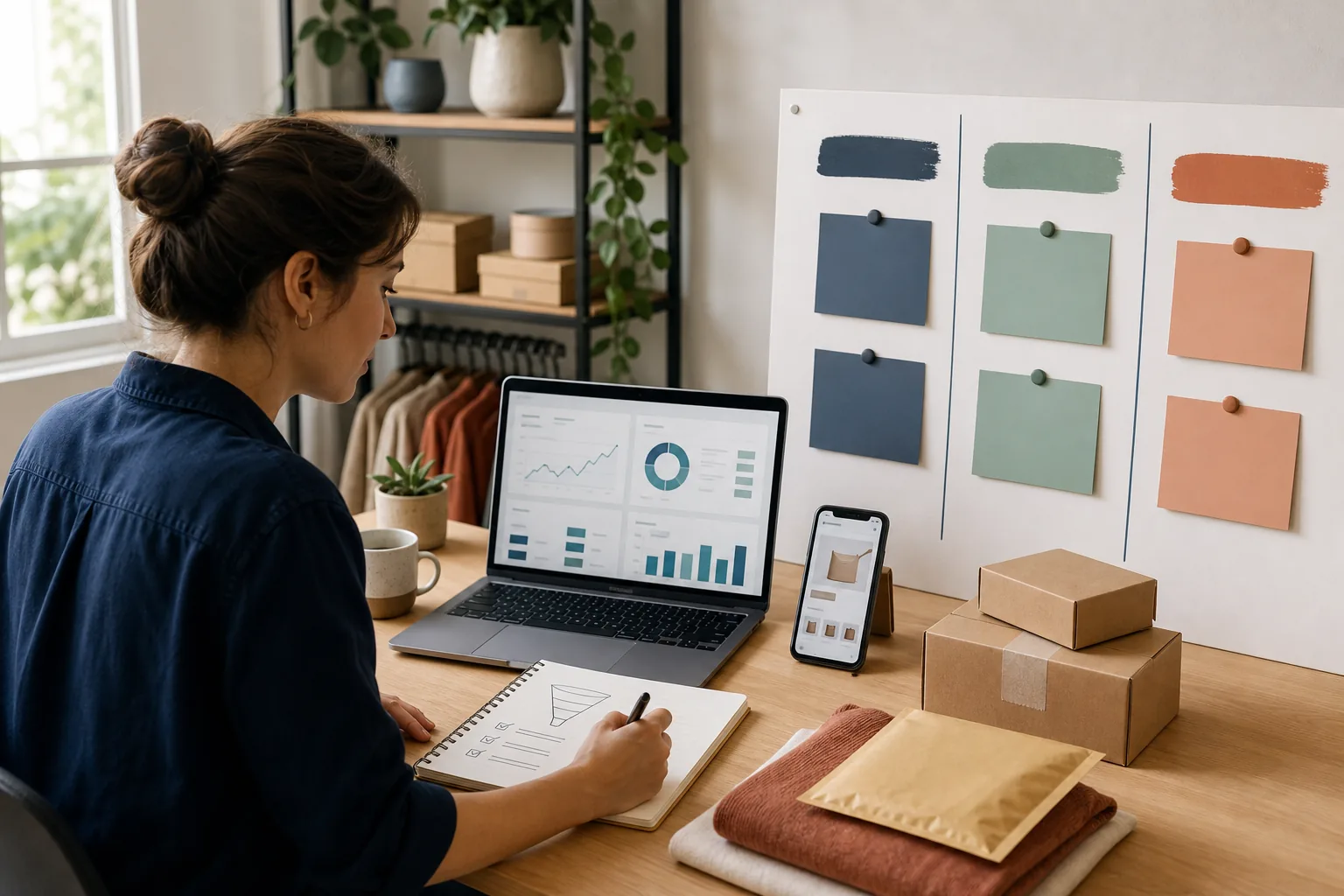 Online store owner reviewing an ecommerce dashboard and a three-phase 90-day planning board beside products and shipping boxes