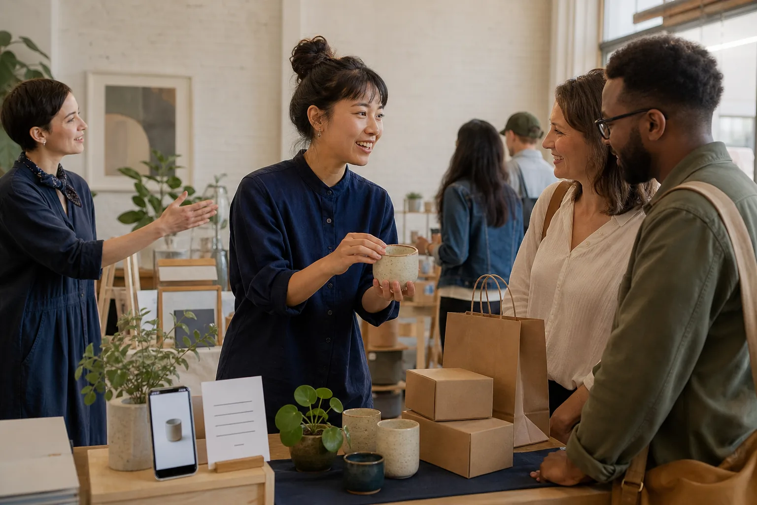 Independent maker demonstrating a ceramic product to potential customers at a community market beside a phone storefront and packaged orders