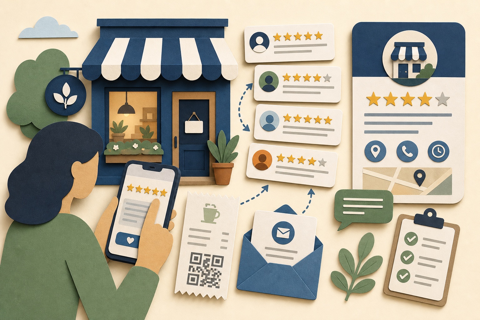 Google review process illustration with a local storefront, phone, email, receipt QR code, balanced review cards, and a checklist