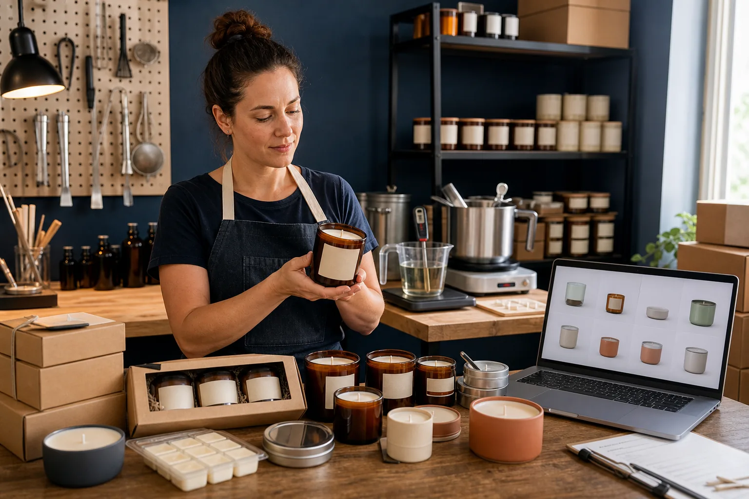 Independent candle maker inspecting an unlit candle beside safe production equipment, candle vessels, gift packaging, and an online catalog