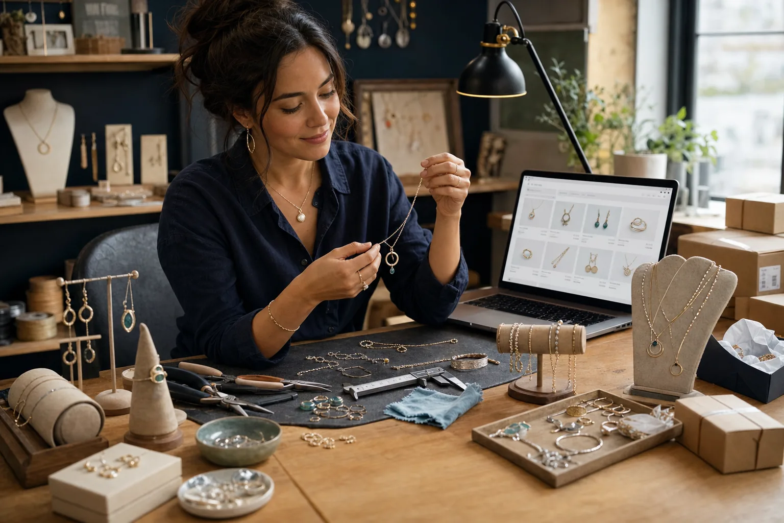 Independent jewelry maker inspecting a necklace beside handmade pieces, tools, packaging, and an online catalog