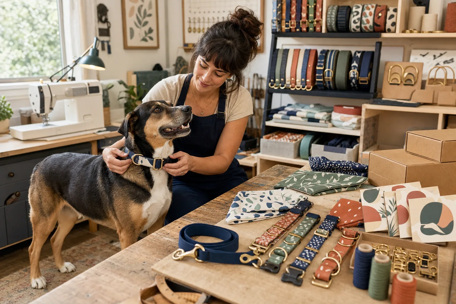 Independent maker checking the fit of a handmade dog collar beside collars, leashes, bandanas, safe sewing equipment, hardware, and shipping boxes