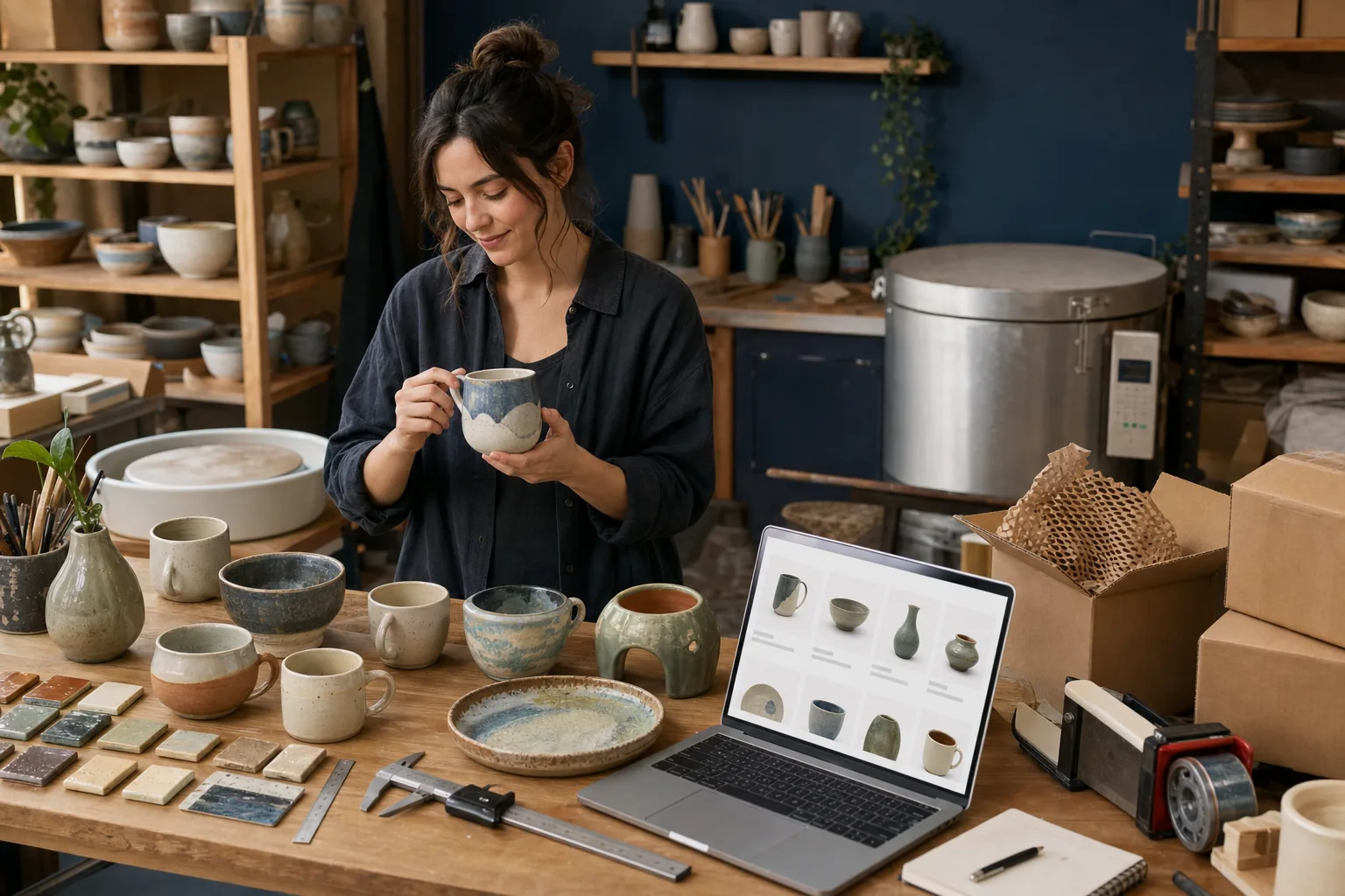 Independent ceramic artist inspecting a handmade mug beside finished pottery, glaze tiles, protective packaging, and an online catalog