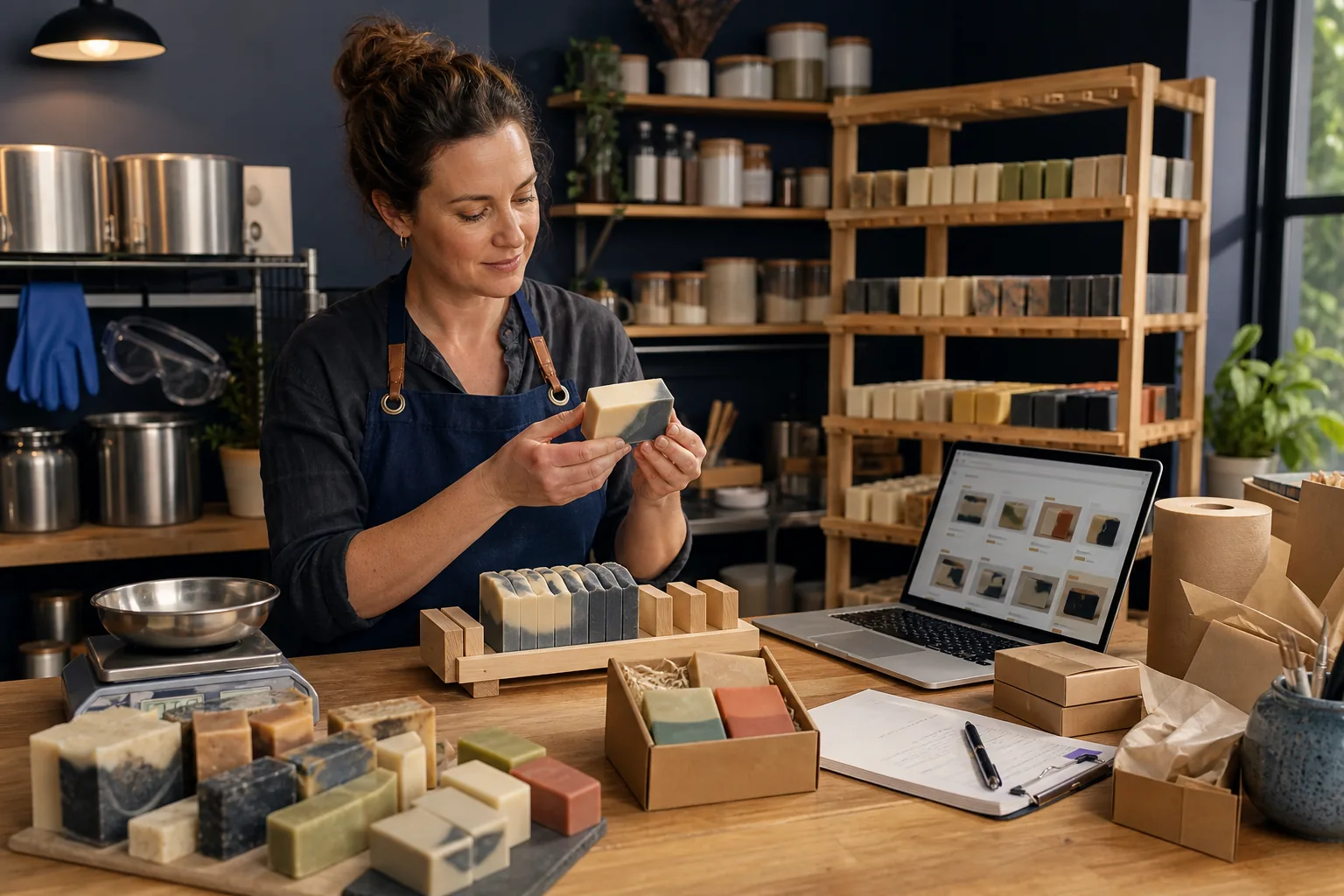 Independent soap maker inspecting a finished bar beside curing racks, safe equipment, gift packaging, and an online catalog