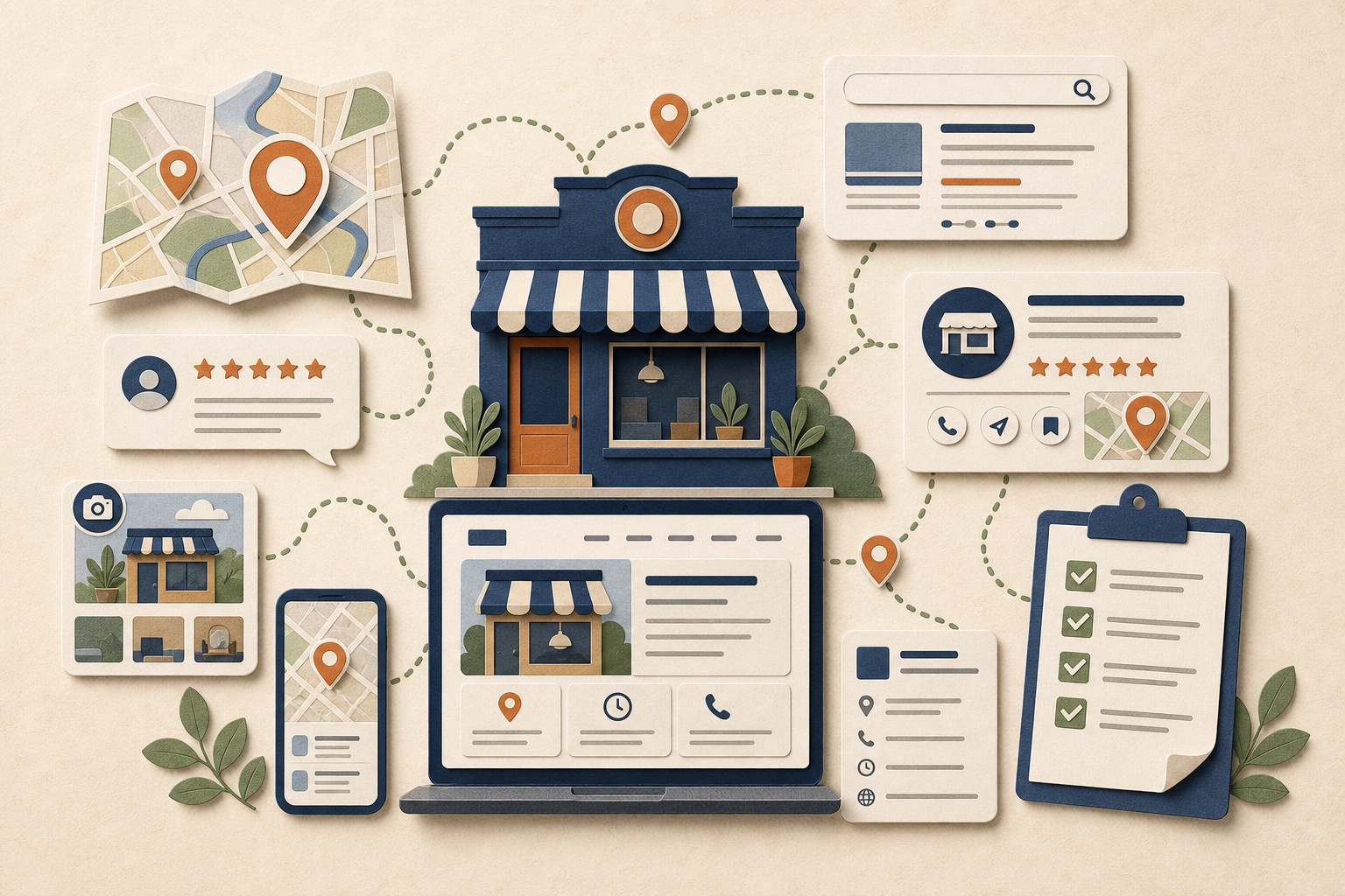 Local SEO checklist illustration with a storefront, map, search results, reviews, website, and business profile