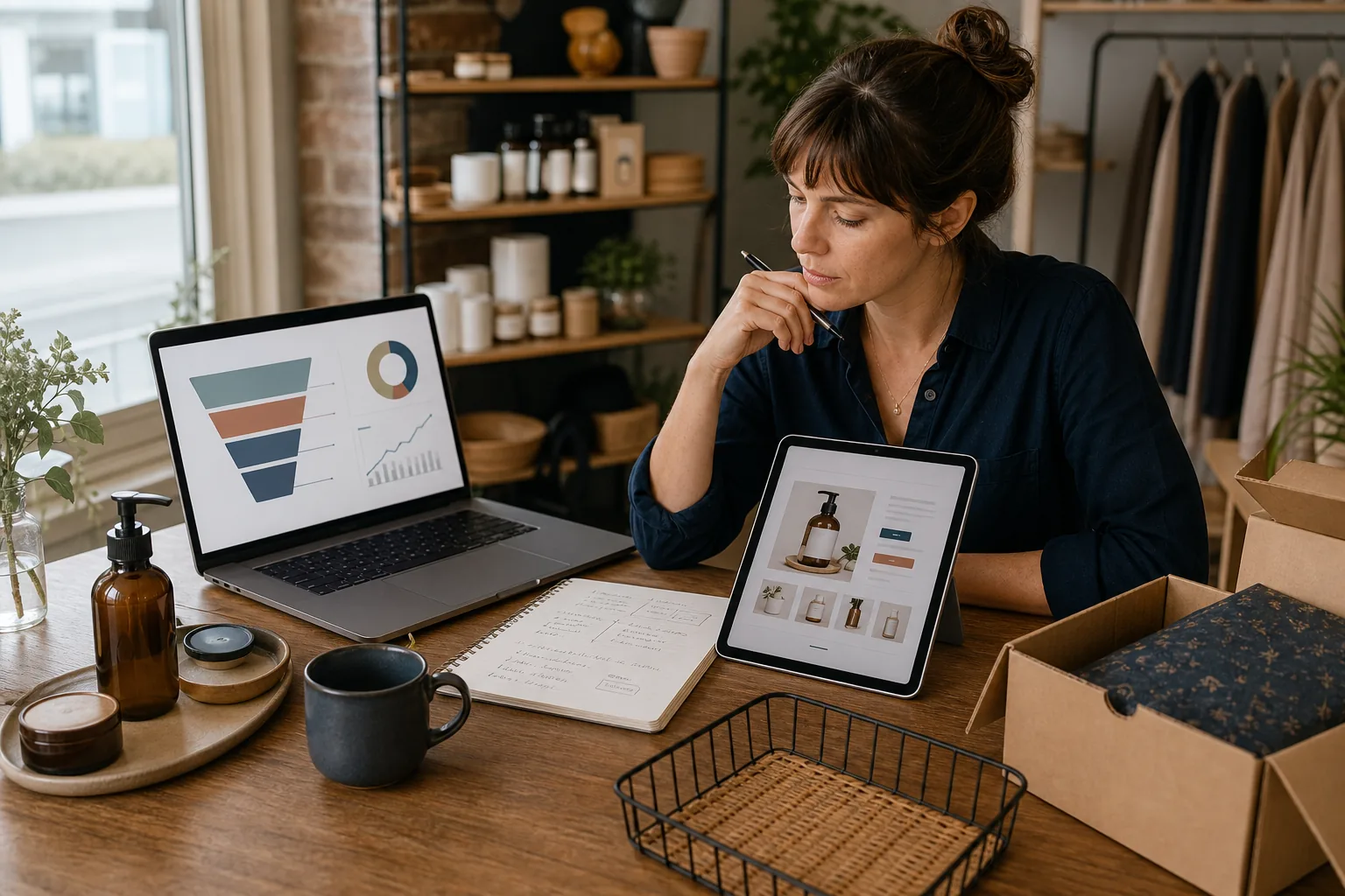 Online store owner comparing an ecommerce conversion funnel with a product page, products, packaging, and an empty order tray