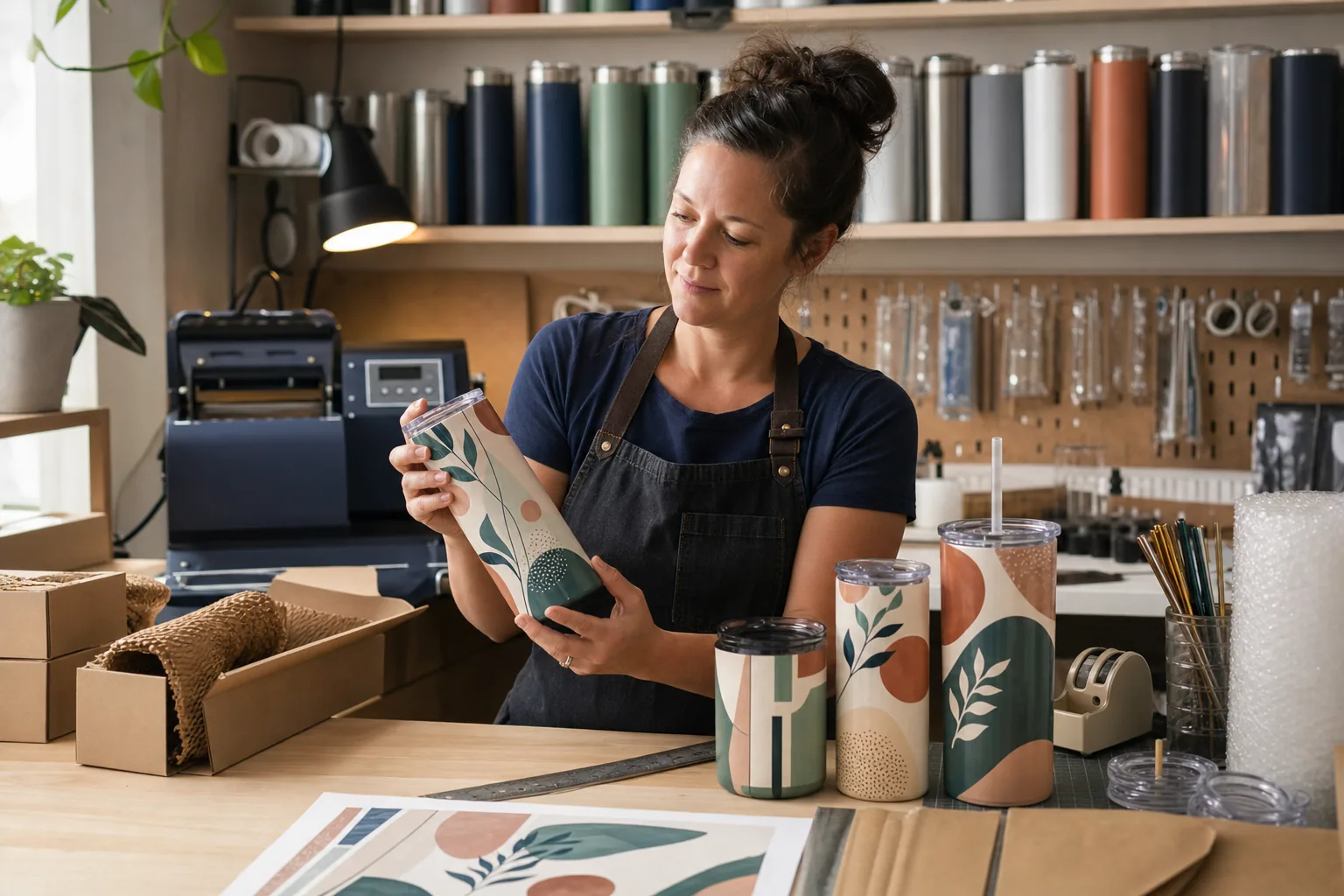 Independent tumbler maker inspecting decorated stainless-steel drinkware beside safe customization equipment, blanks, lids, packaging, and original patterns