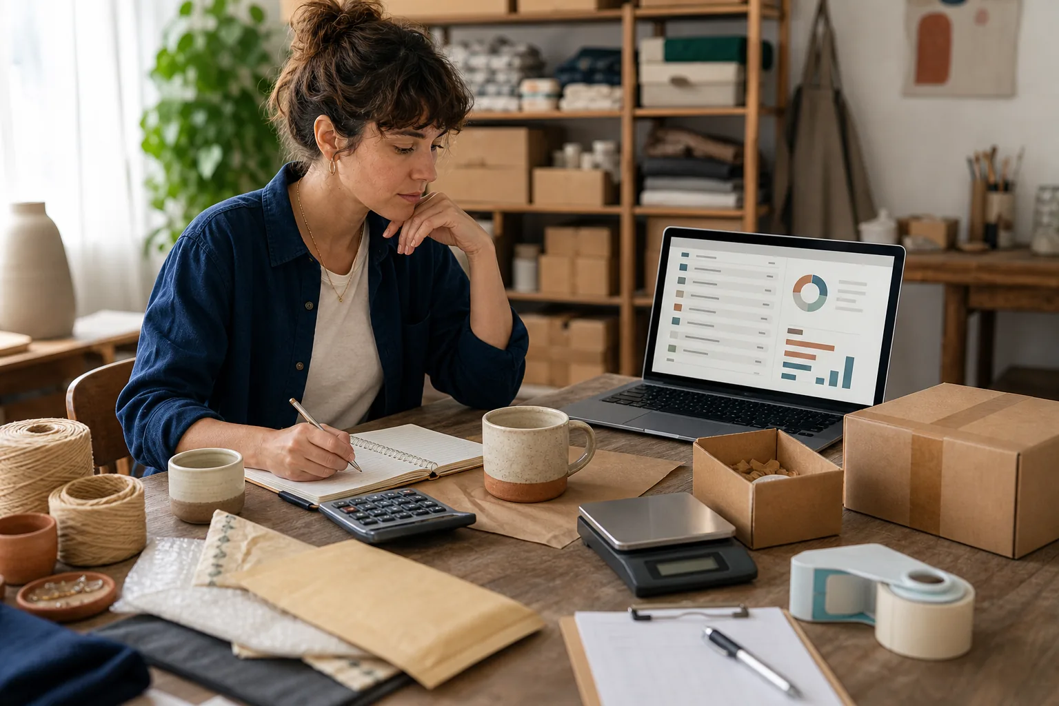 Online product-business owner calculating costs beside a finished ceramic mug, raw materials, packaging, shipping scale, calculator, and business dashboard