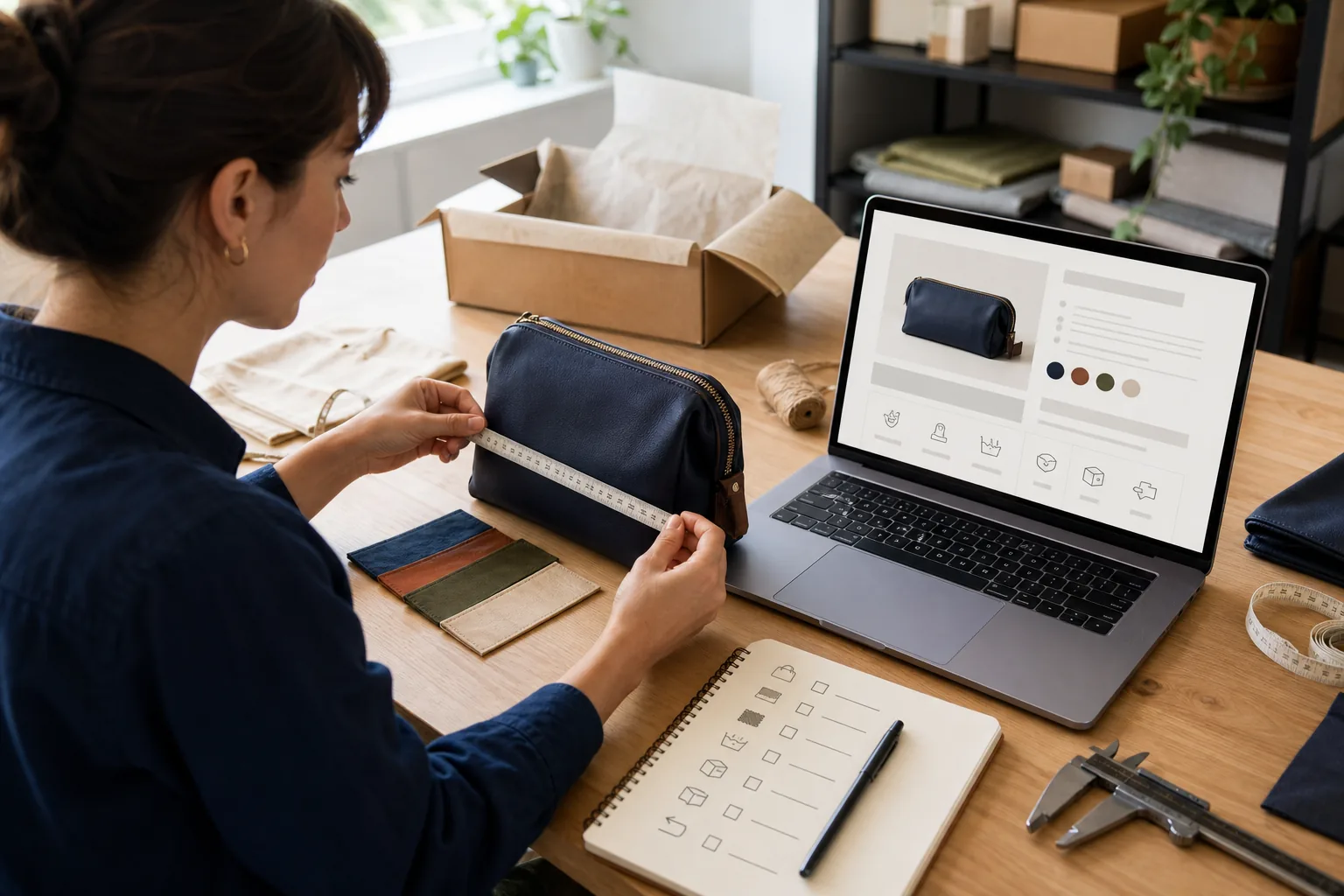 Online-store owner measuring a handmade pouch and comparing its dimensions, materials, variants, care, and packaging with a structured product listing
