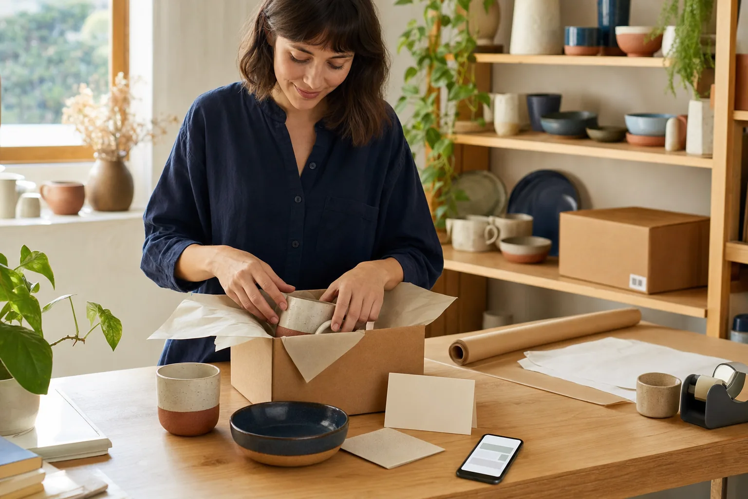 Small home-goods business owner carefully packing a coordinated ceramic order beside a blank thank-you card, phone, and related products