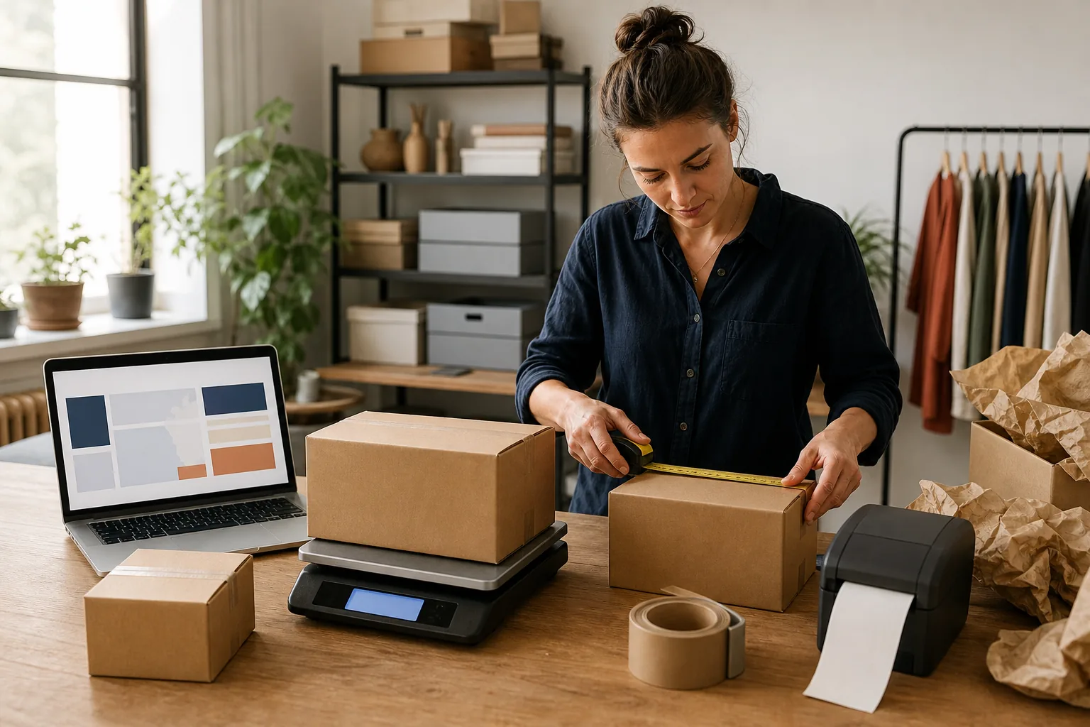 Small-business owner measuring one parcel while another sealed package sits on a shipping scale beside packing supplies and a label printer