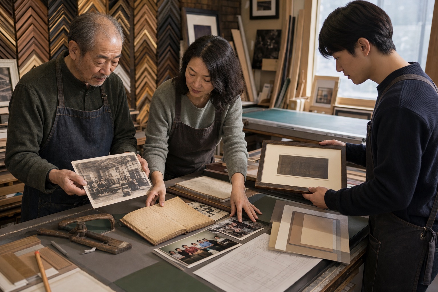 Founder, family member, and employee reviewing the history and current work of their custom framing studio