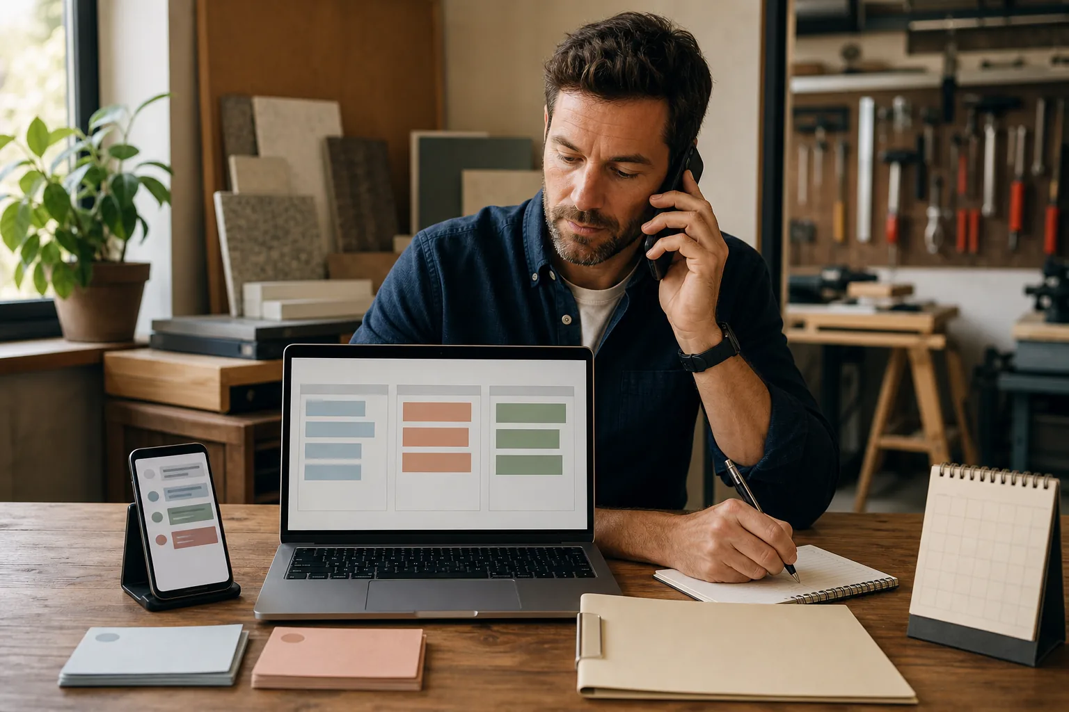 Local service-business owner returning a customer call while organizing inquiries on a simple lead board beside a phone, notes, and estimate folder