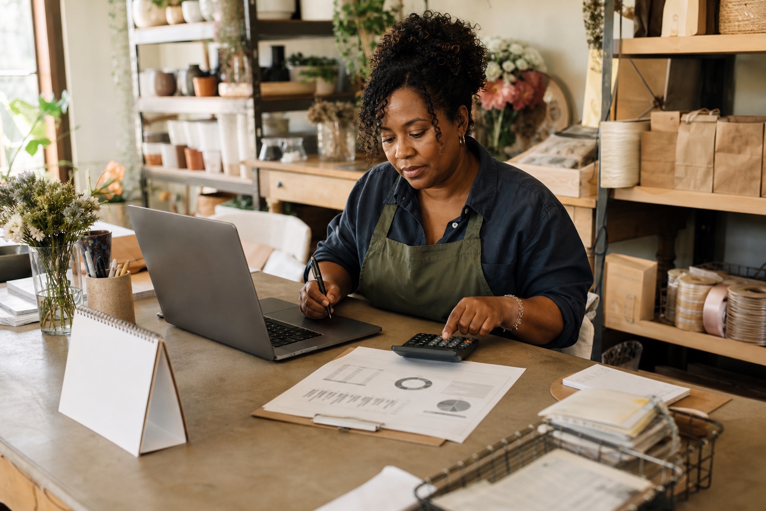 Small-business owner reviewing a monthly scorecard, calculator, calendar, and operational records in her shop workroom