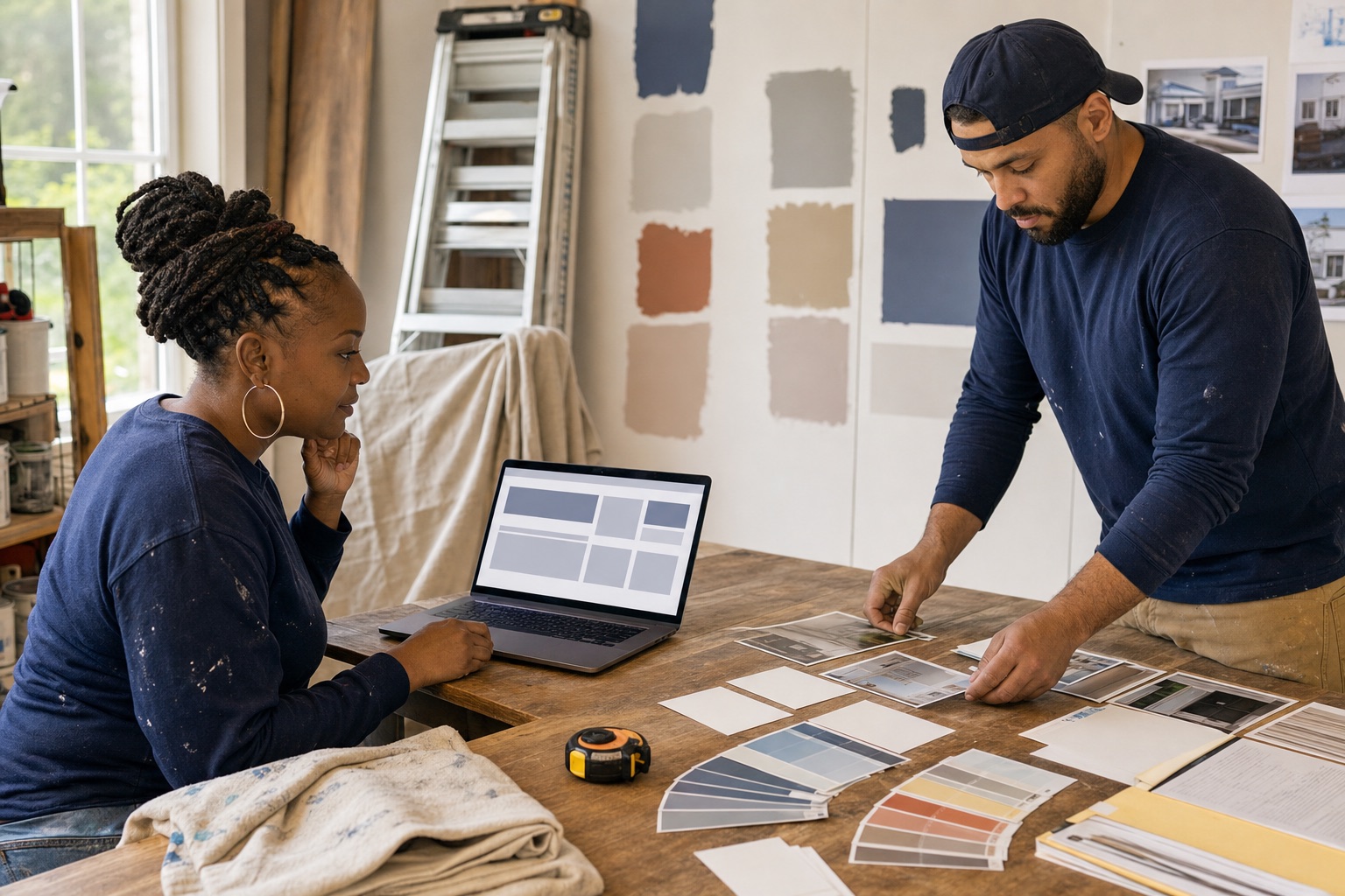 Painting-business owner and team member organizing project photos, service details, and a website page in their workshop