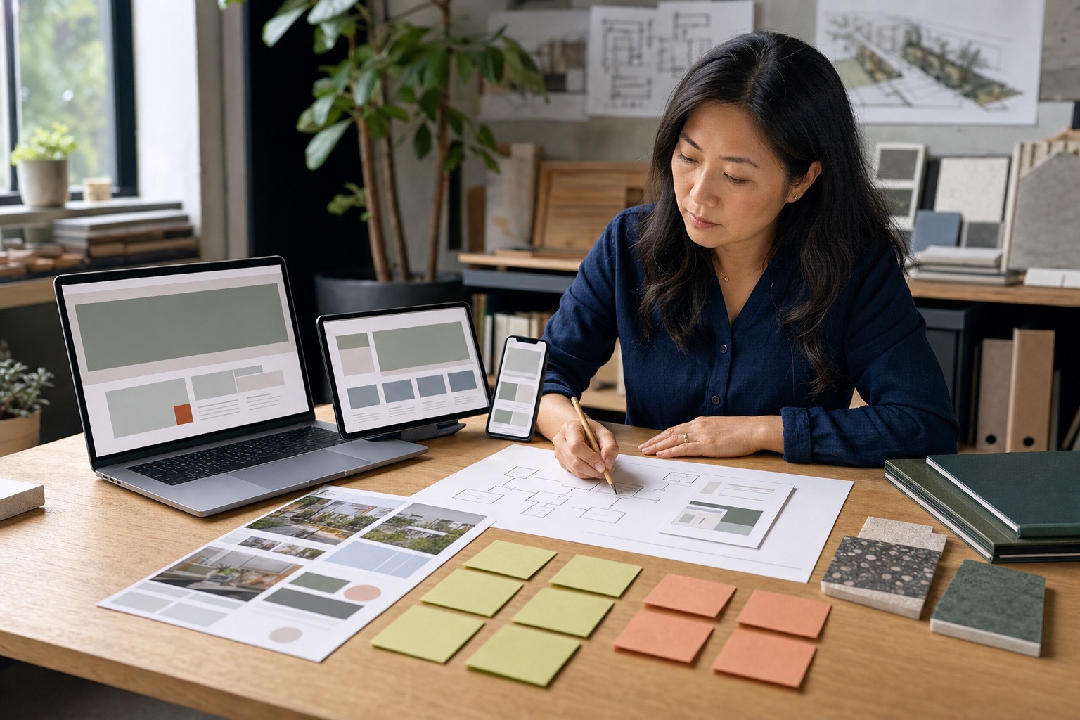 Small-business owner comparing a responsive website across laptop, tablet, and phone while planning which pages to keep and change