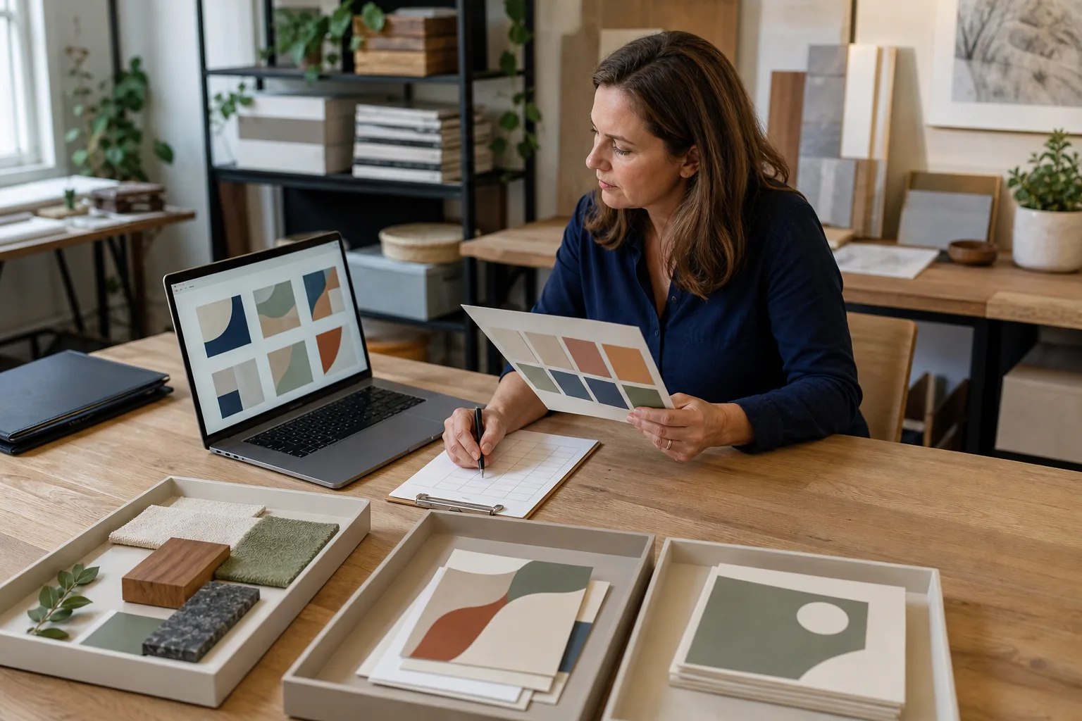 Small-business owner comparing computer-generated design drafts with physical source materials while completing a human review checklist